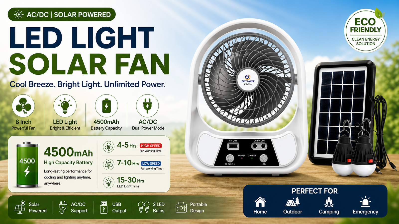 8 Inch AC/DC Portable LED Light Solar Fan