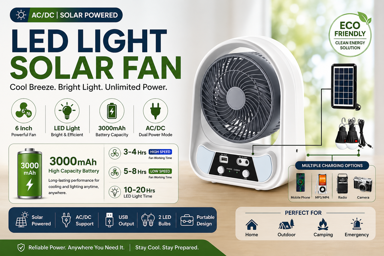 6 Inch AC/DC Portable LED Light Solar Fan
